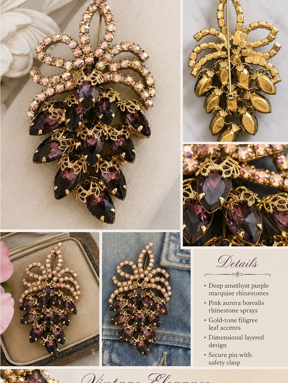 Vintage Austrian-Style Amethyst & Pink AB Rhinestone Filigree Brooch Unsigned